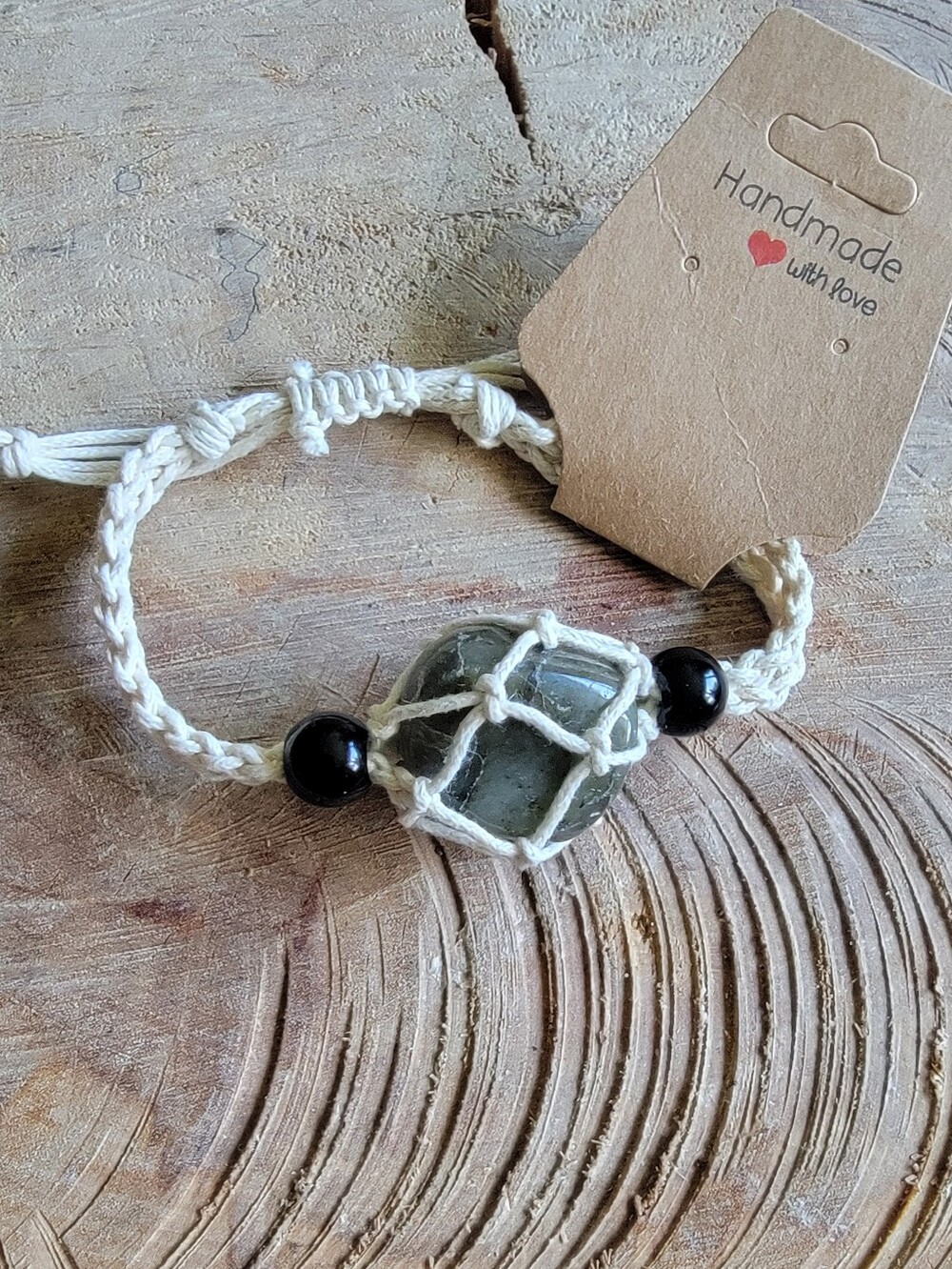 Handmade Macrame Bracelet with Labradorite Stone & Black Beads